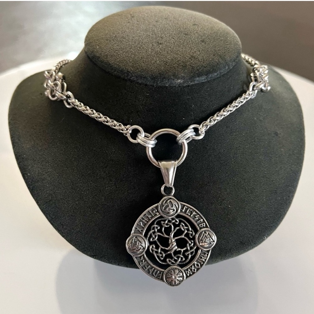 Celtic tree with viking celtic norse runes symbols stainless steel necklace